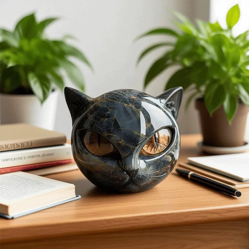 Black cat stone statue (resin head, marble texture): healing stone, souvenir, gift, home/office desk decor.