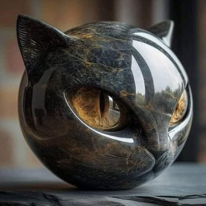 Black cat stone statue (resin head, marble texture): healing stone, souvenir, gift, home/office desk decor.